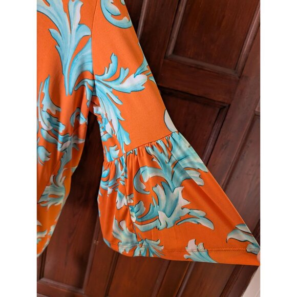 passport Susan Graver Orange Blue Floral 2X Peasant Top W/ Rhinestone Accents - Picture 2 of 10